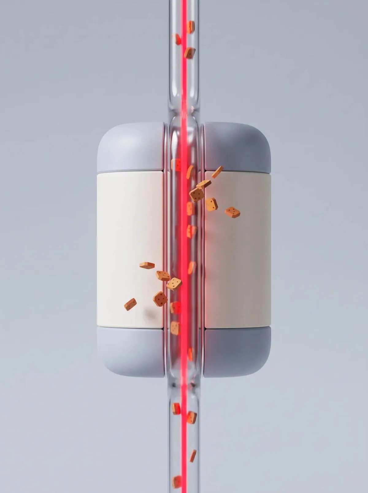 3D white containers split by a glass tube with a red beam and cookie crumbs.