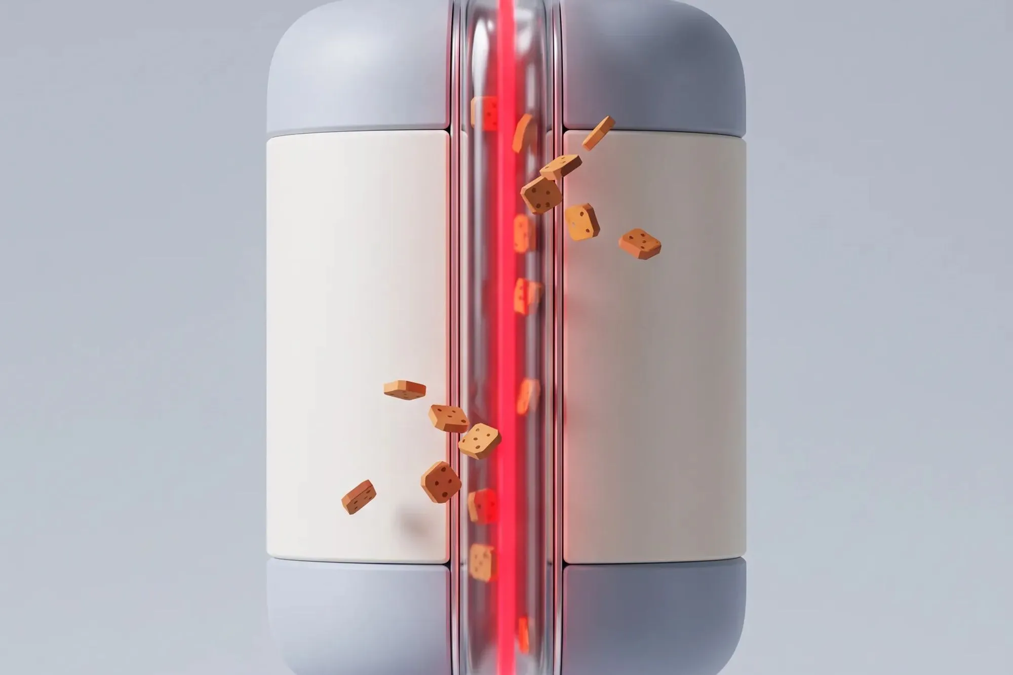 3D white containers split by a glass tube with a red beam and cookie crumbs.