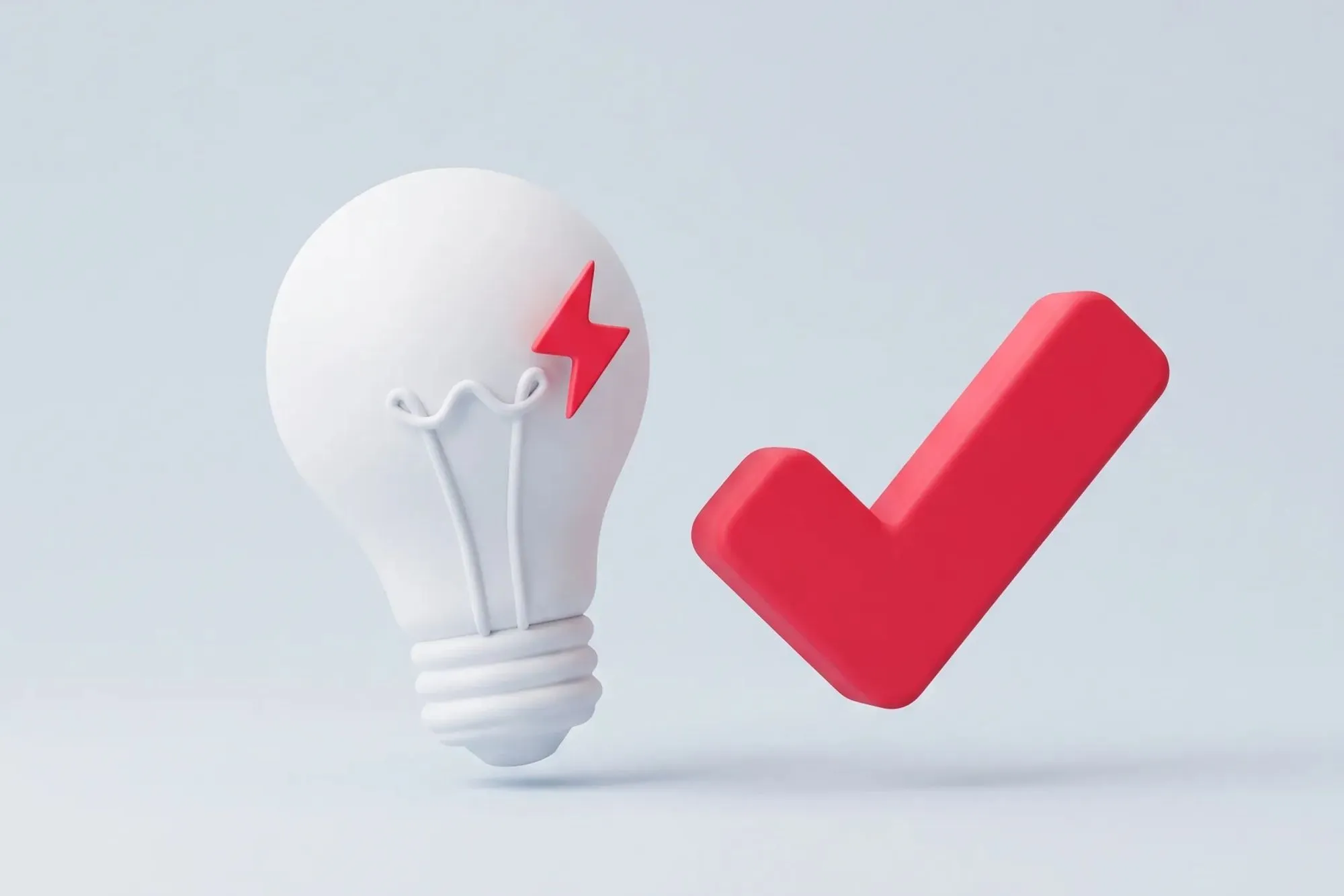 White light bulb with a red lightning bolt beside a large red check mark on pale blue
