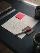 Hand-drawn flowchart of boxes and arrows on paper with red marker and coffee on a desk.