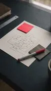 Hand-drawn flowchart of boxes and arrows on paper with red marker and coffee on a desk.