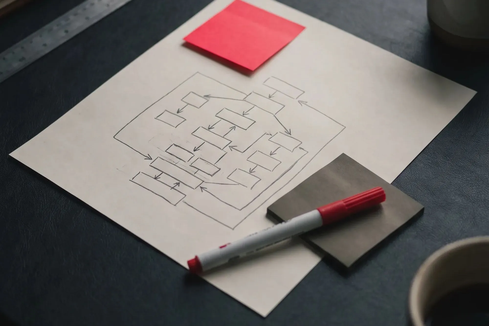 Handgezeichnetes Flussdiagramm aus Kästchen und Pfeilen auf Papier mit rotem Marker und Kaffee auf einem Schreibtisch.