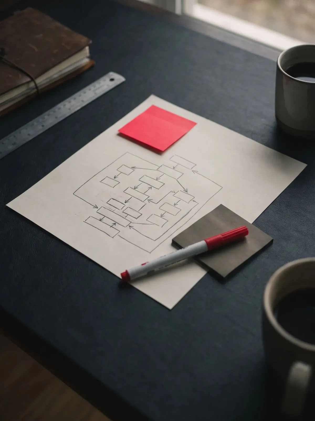 Hand-drawn flowchart of boxes and arrows on paper with red marker and coffee on a desk.
