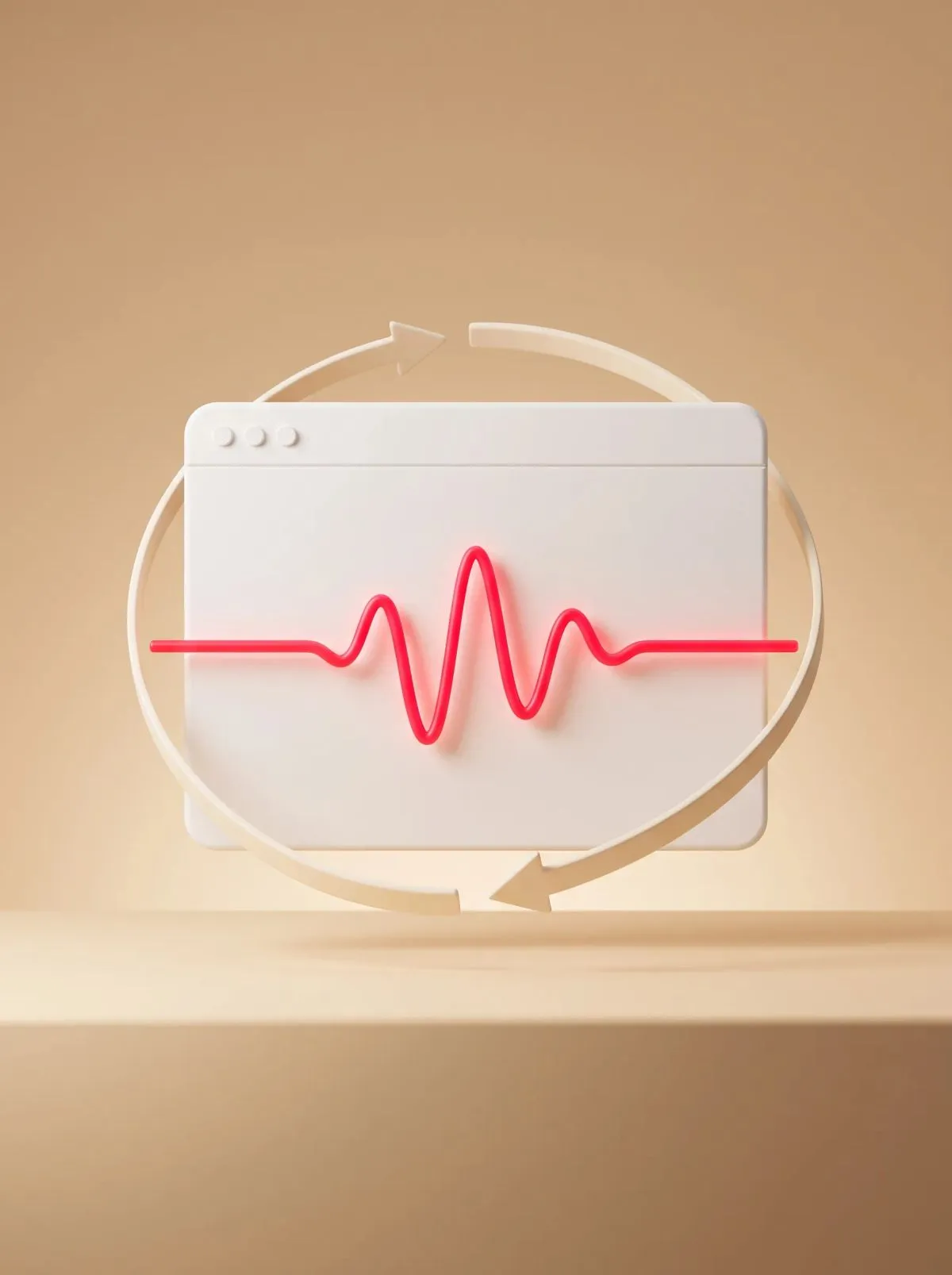 3D cream browser window with a red heartbeat pulse line, encircled by looping arrows, on beige.