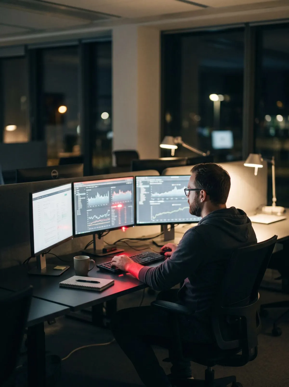 Bearded man in glasses working at three monitors showing charts in a dark office.