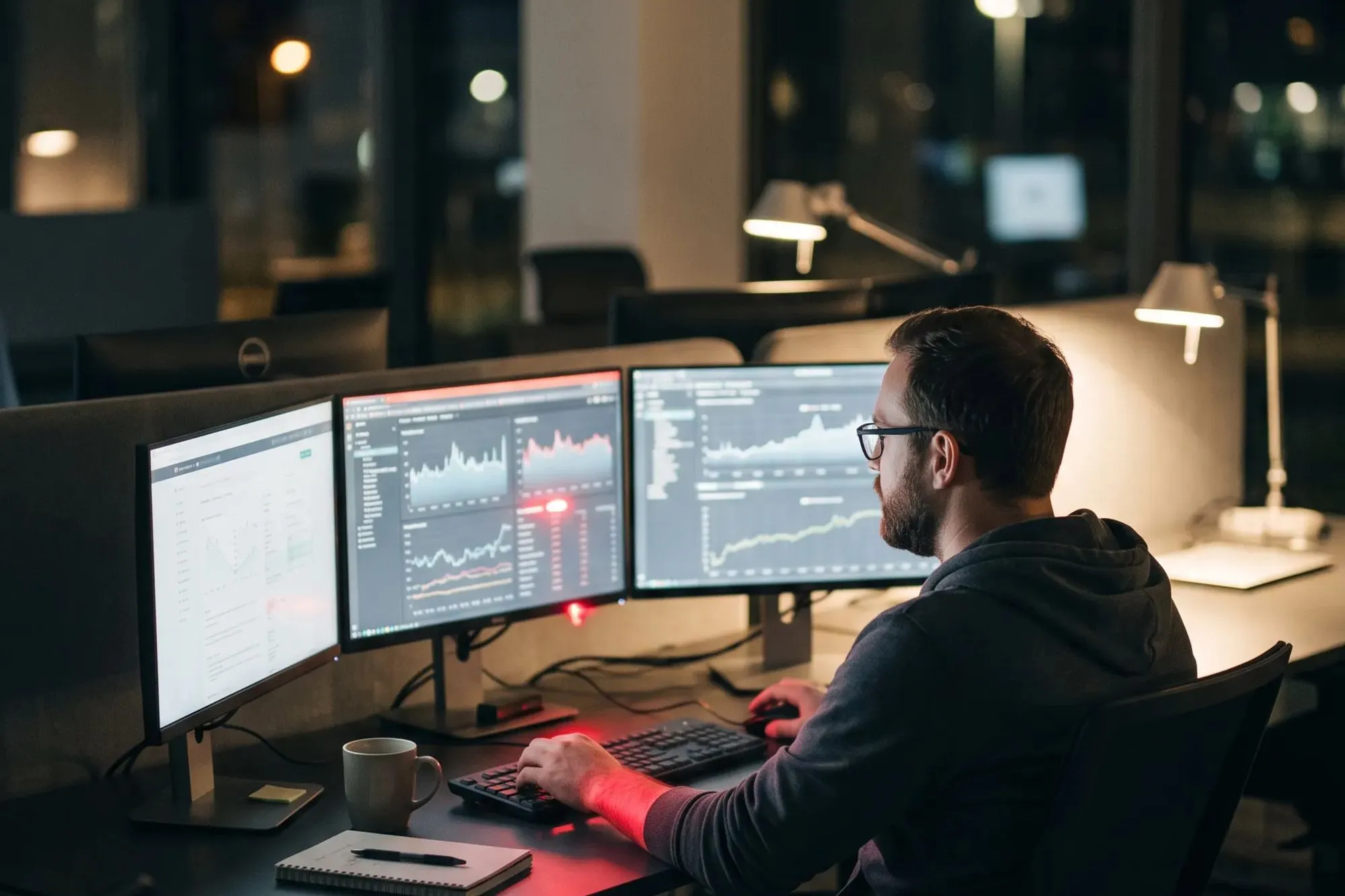Bärtiger Mann mit Brille arbeitet an drei Monitoren mit Diagrammen in einem dunklen Büro.