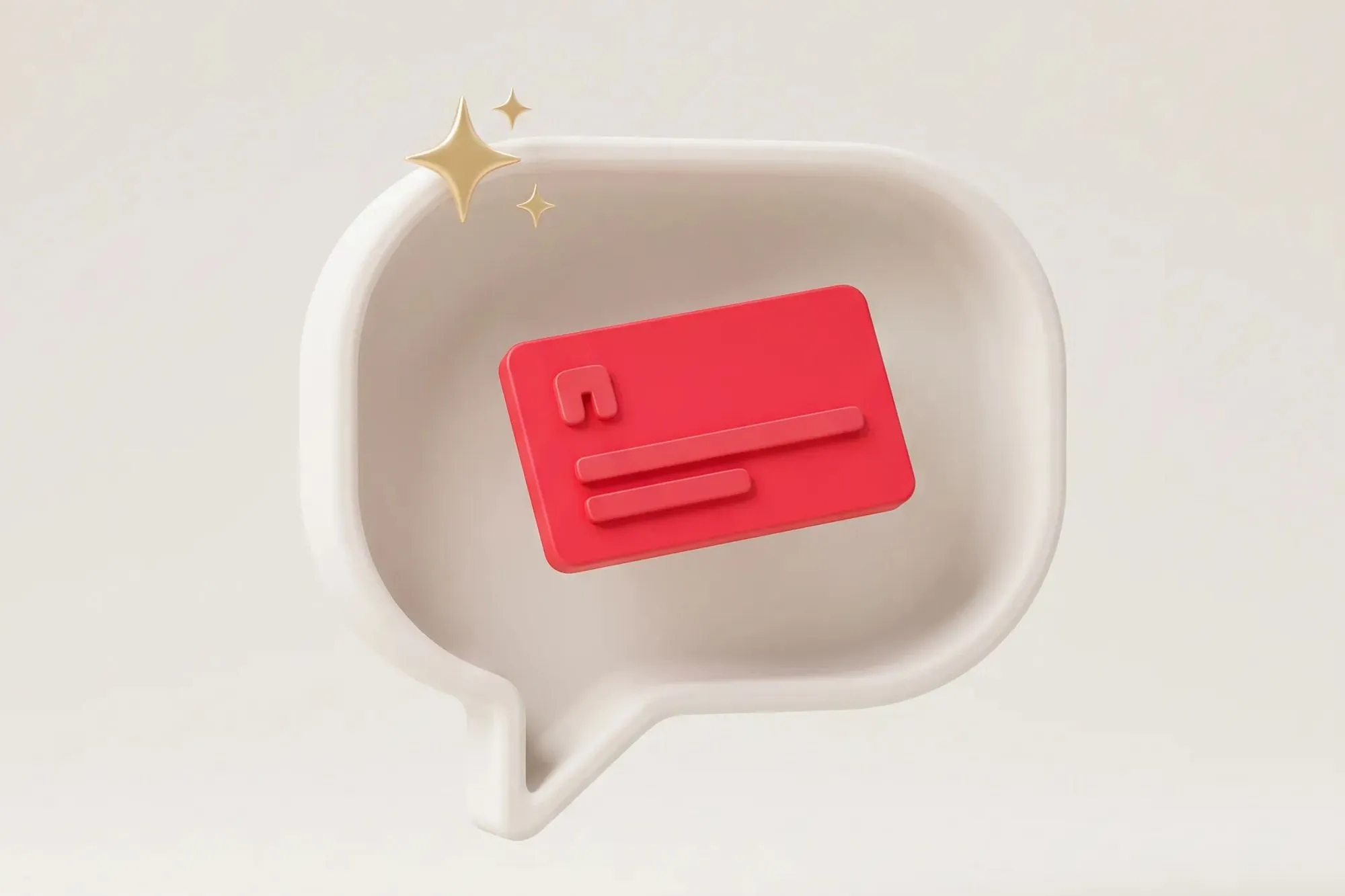 3D-weiße Sprechblase mit roter Nachrichtenkarte und goldenen Funkeln auf Beige.