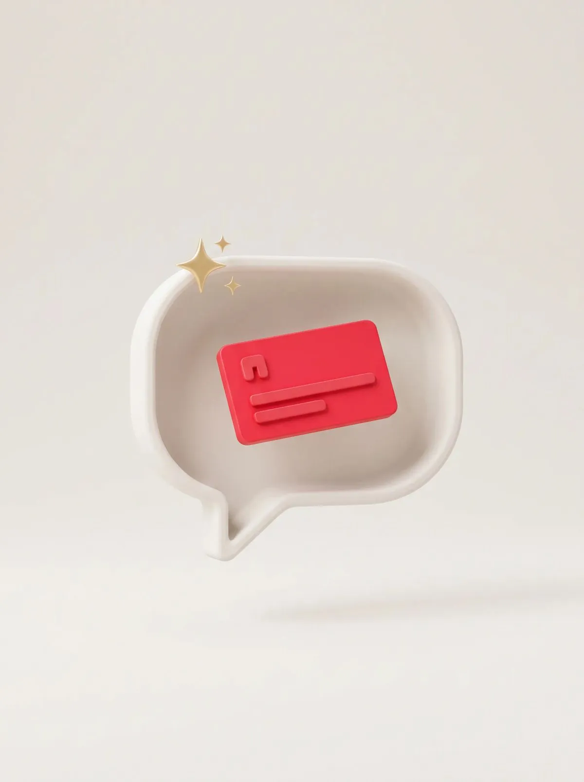 3D white speech bubble with a red message card and gold sparkles on beige.