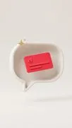 3D-weiße Sprechblase mit roter Nachrichtenkarte und goldenen Funkeln auf Beige.