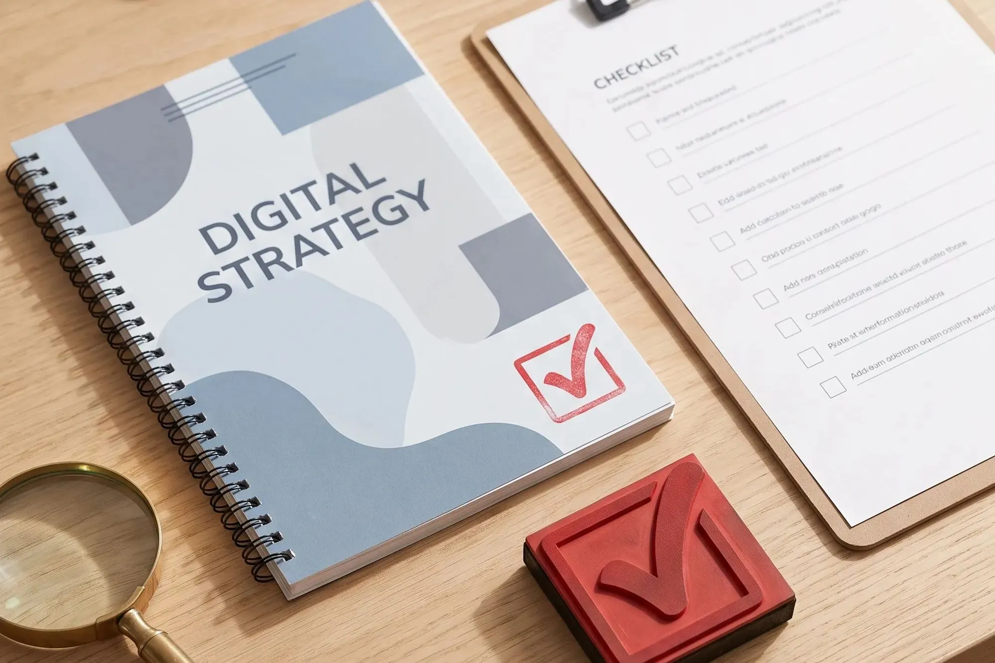 Holzschreibtisch mit Notizbuch "Digital Strategy", Checklisten-Klemmbrett, rotem Häkchenstempel und Lupe.