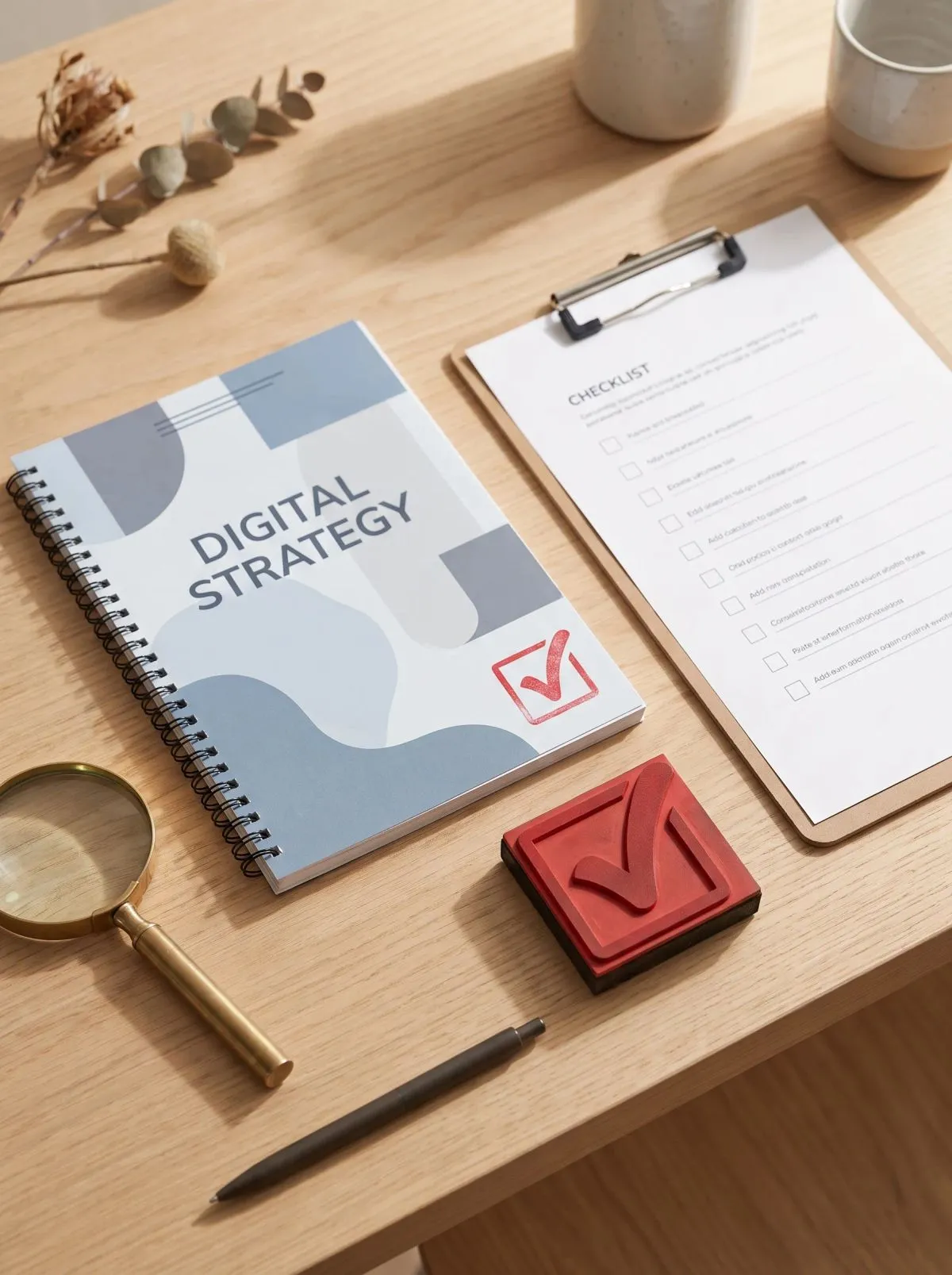 Holzschreibtisch mit Notizbuch "Digital Strategy", Checklisten-Klemmbrett, rotem Häkchenstempel und Lupe.