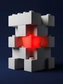 Stacked white toy building bricks with one glowing red translucent brick in the centre, on dark blue.