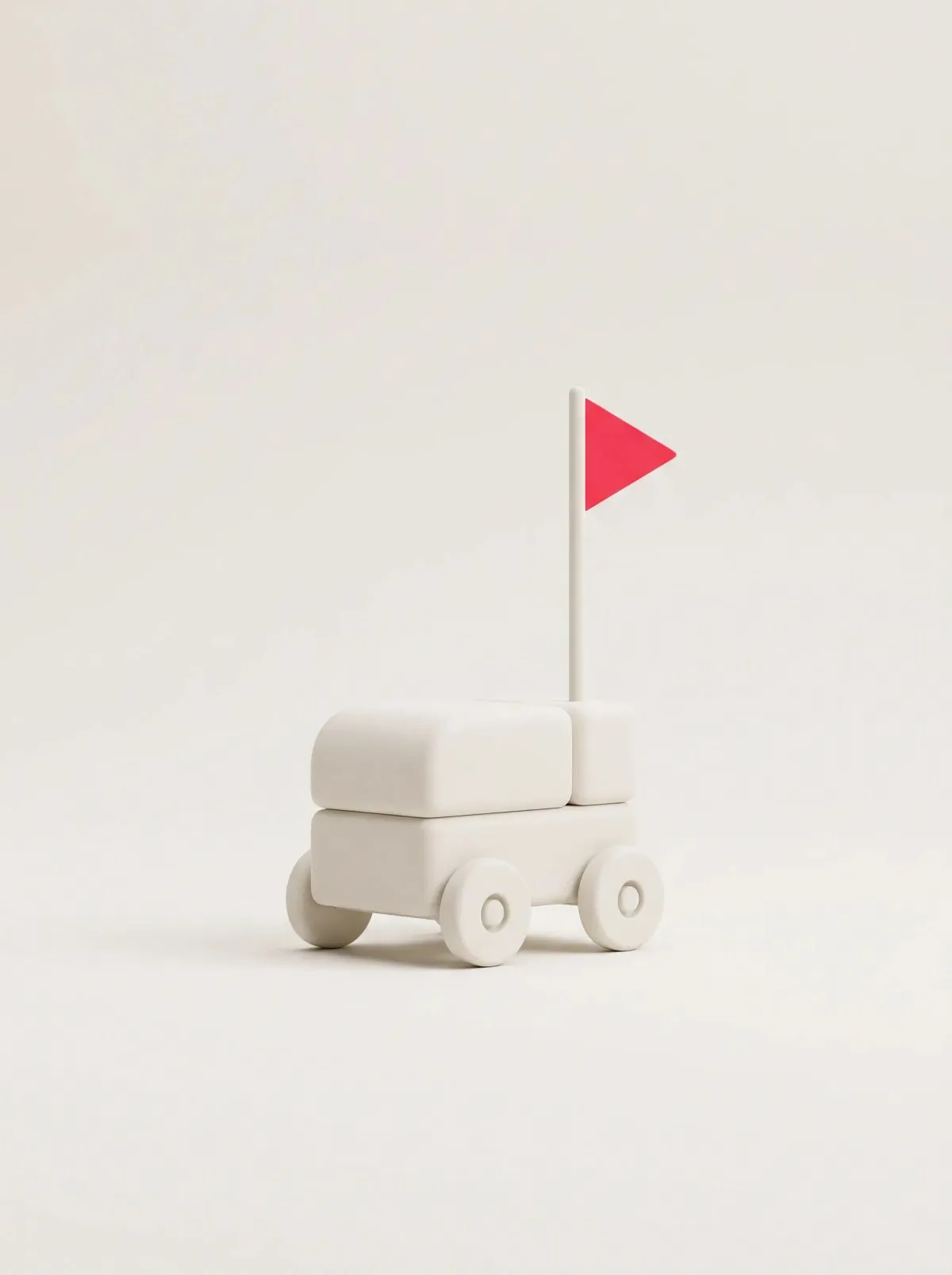 Minimalistischer weißer Spielzeugwagen auf Rädern mit einer kleinen roten dreieckigen Flagge