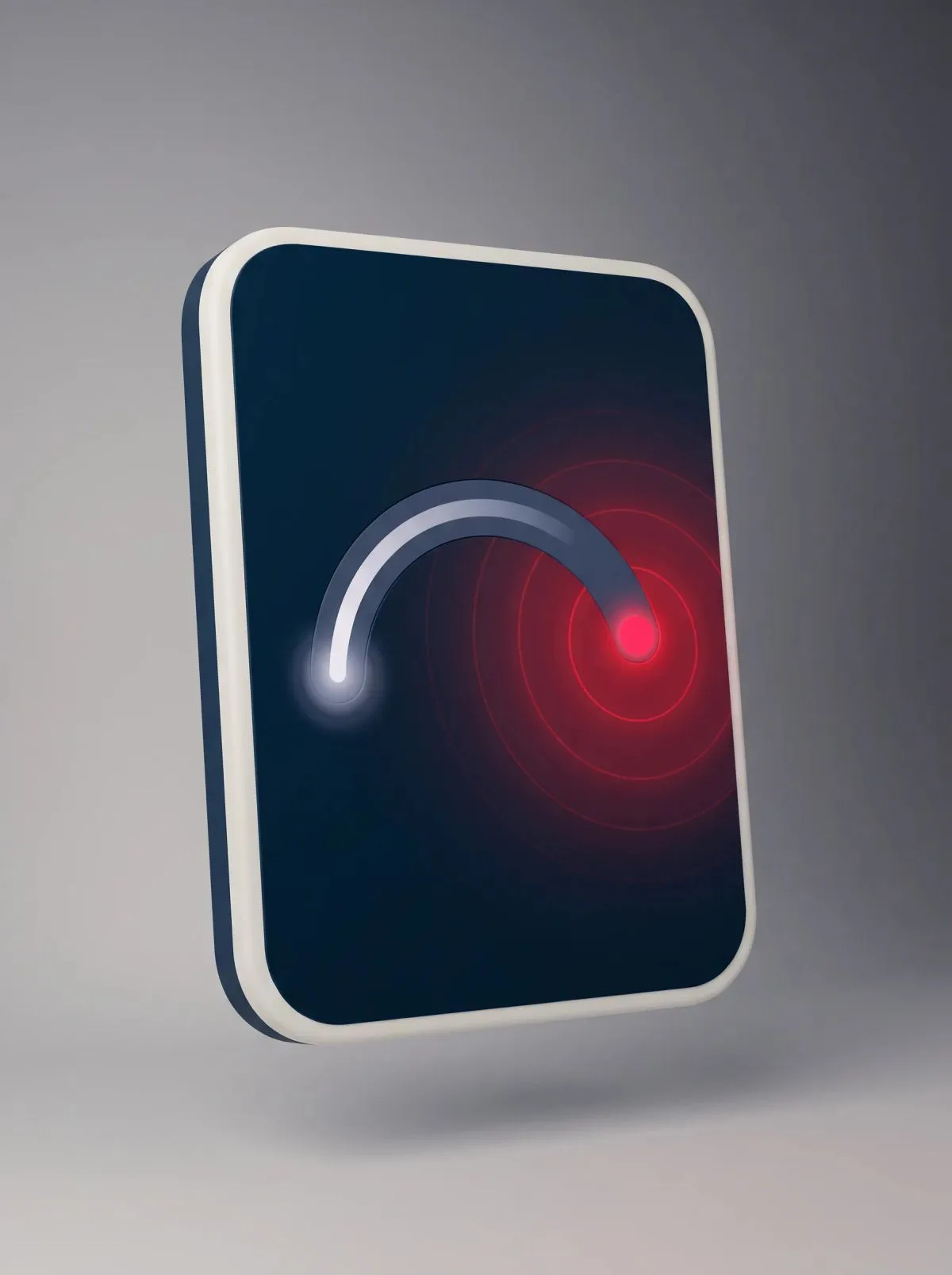 Dark rounded tile showing a grey gauge arc ending in a glowing red dot with rings.