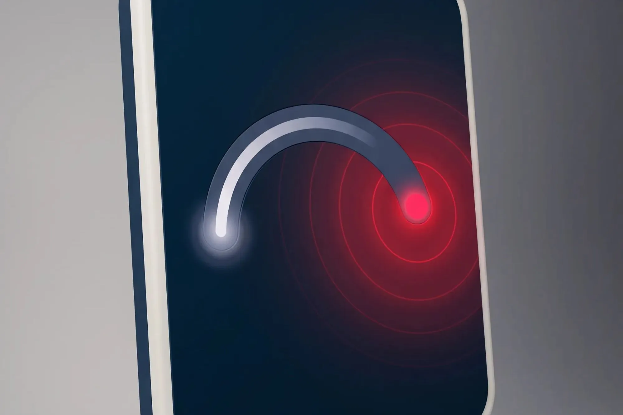 Dark rounded tile showing a grey gauge arc ending in a glowing red dot with rings.