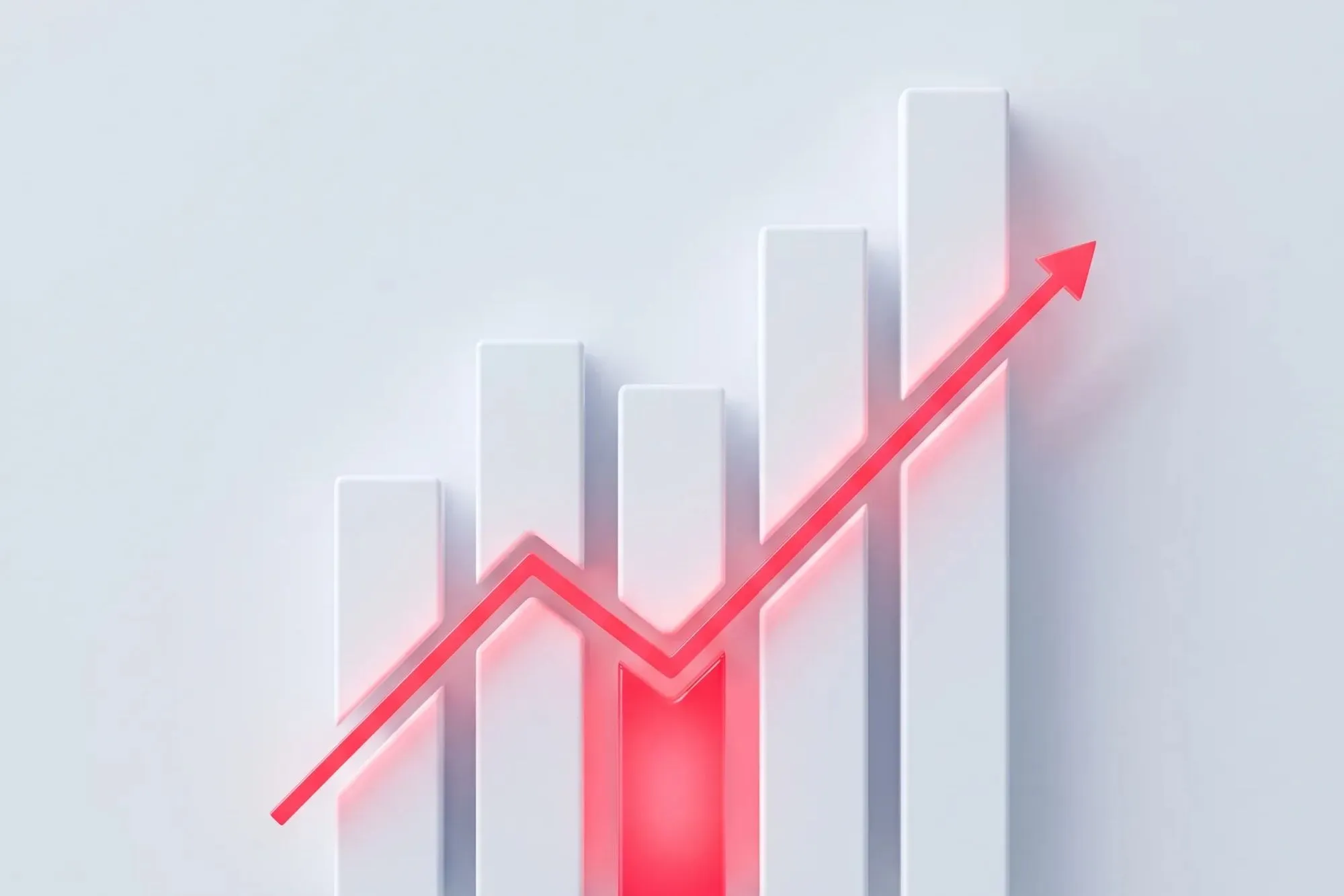 White 3D bar chart with a red upward arrow and one glowing red bar.