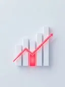 White 3D bar chart with a red upward arrow and one glowing red bar.