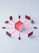 Red cube with red arrows pointing to phones, tablets, laptops and monitors.