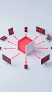 Red cube with red arrows pointing to phones, tablets, laptops and monitors.