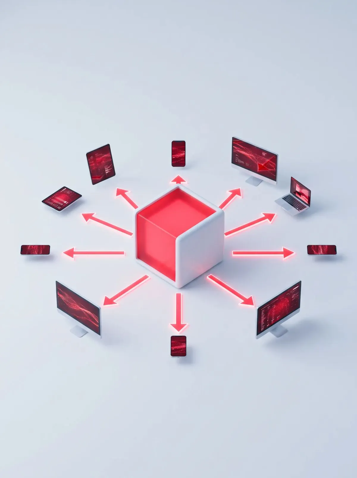 Red cube with red arrows pointing to phones, tablets, laptops and monitors.