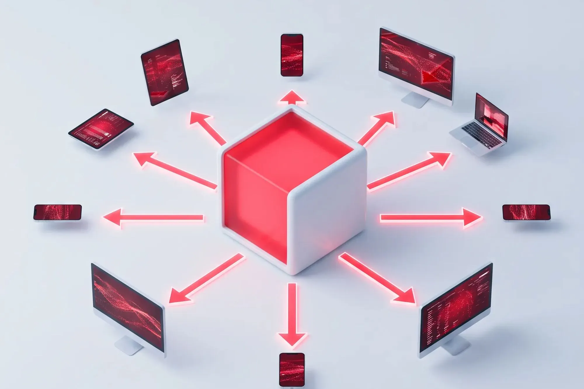 Red cube with red arrows pointing to phones, tablets, laptops and monitors.