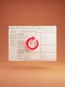 3D cream browser window with a glossy red circular refresh arrow, on orange background.