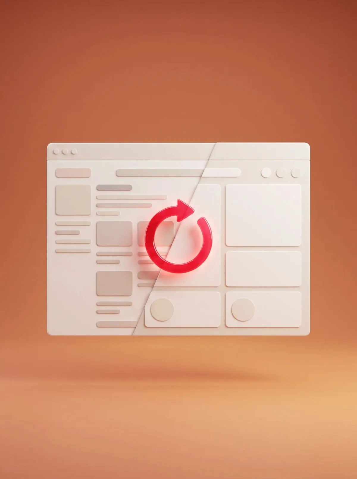 3D cream browser window with a glossy red circular refresh arrow, on orange background.
