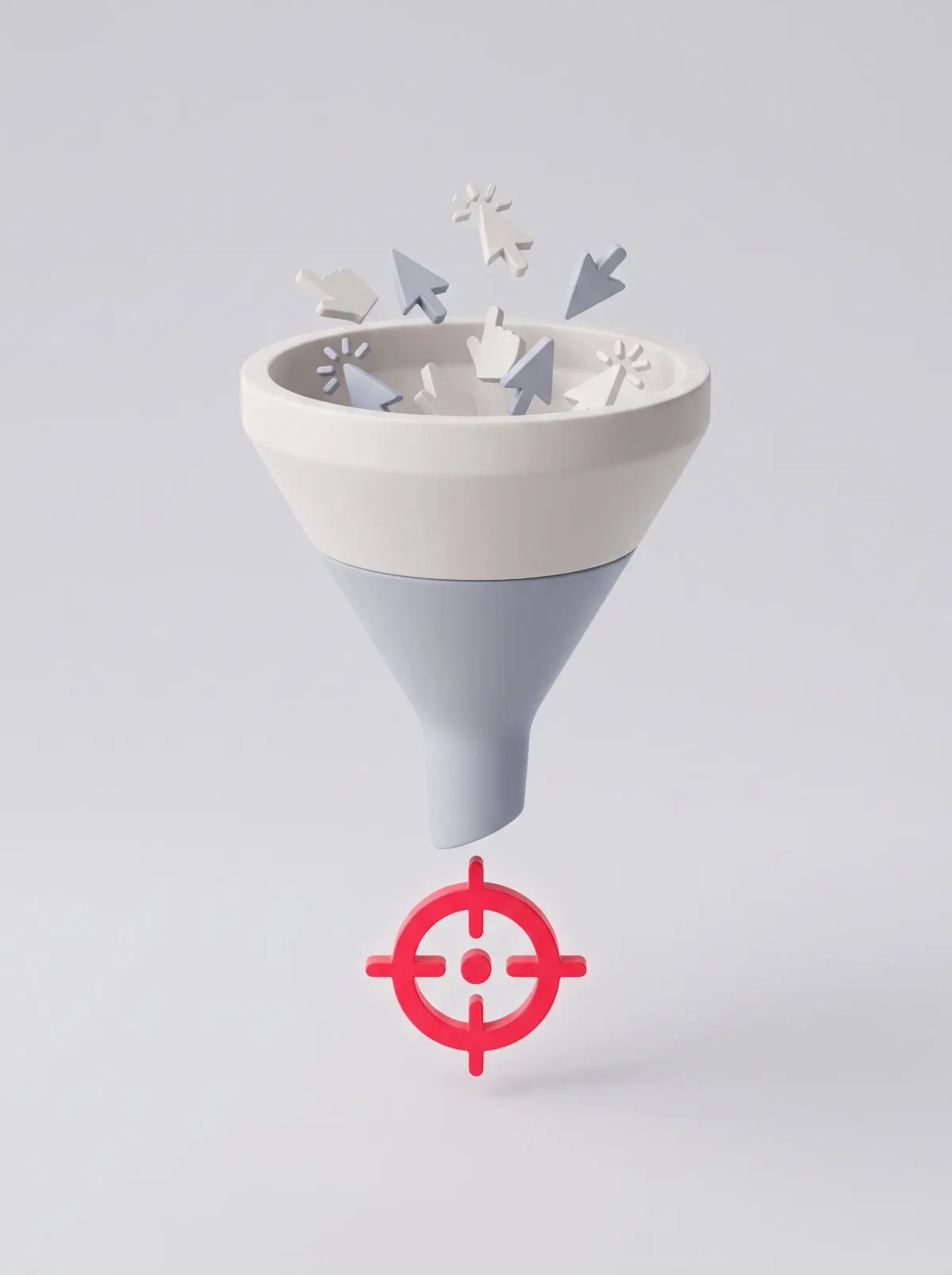 3D funnel catching grey cursor and click icons, feeding a red target below.