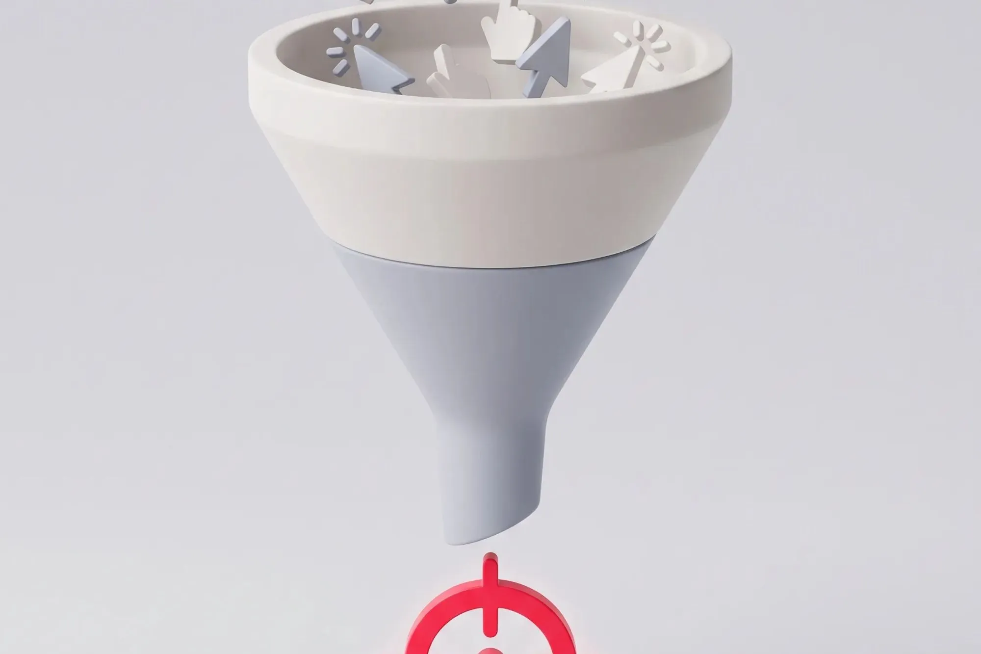 3D funnel catching grey cursor and click icons, feeding a red target below.