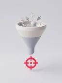 3D funnel catching grey cursor and click icons, feeding a red target below.