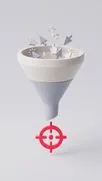 3D-Trichter fängt graue Cursor- und Klick-Symbole auf und speist ein rotes Ziel darunter.