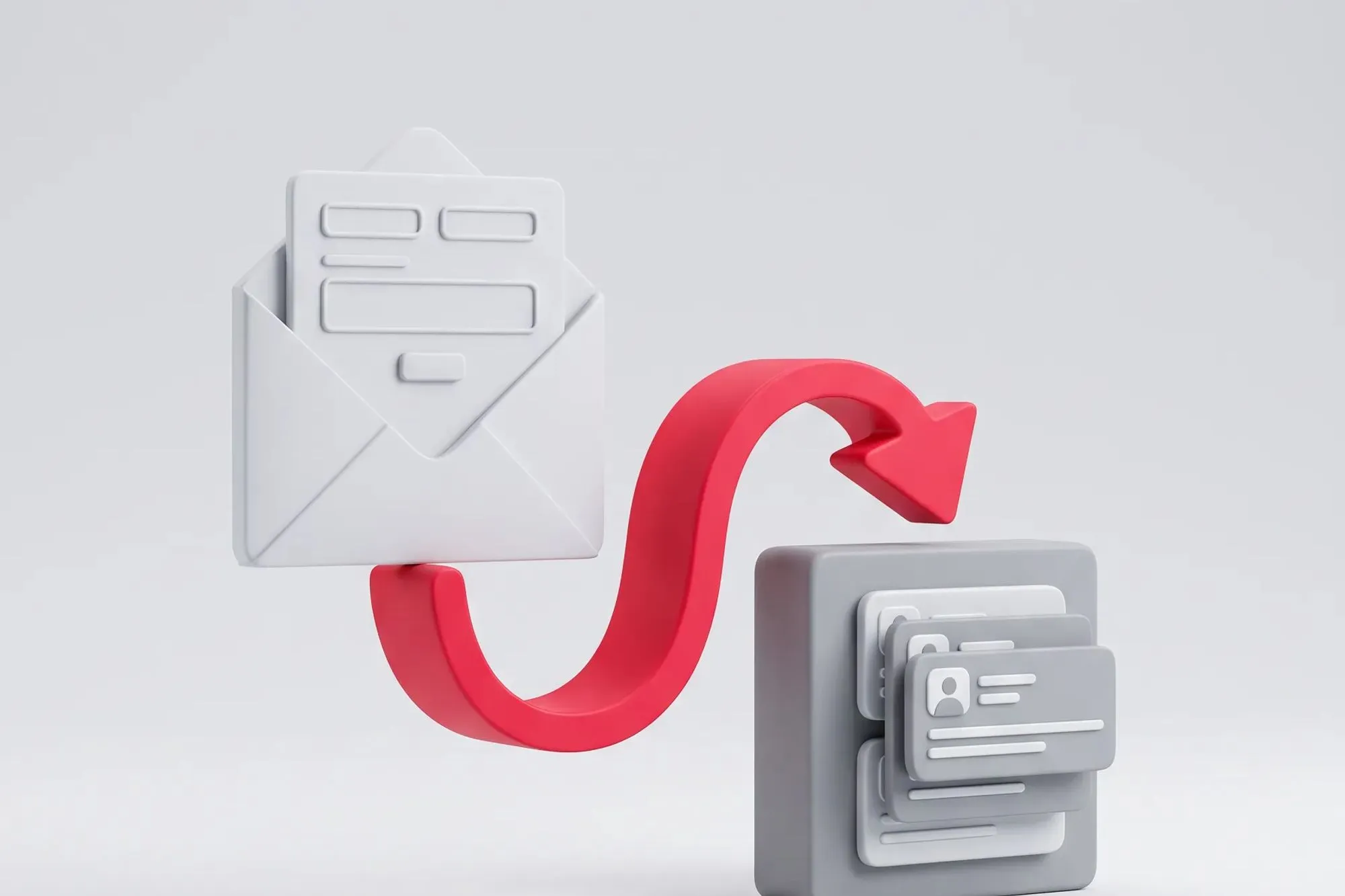 Sobre blanco 3D abierto conectado por una flecha roja a una pila gris de tarjetas de contacto.