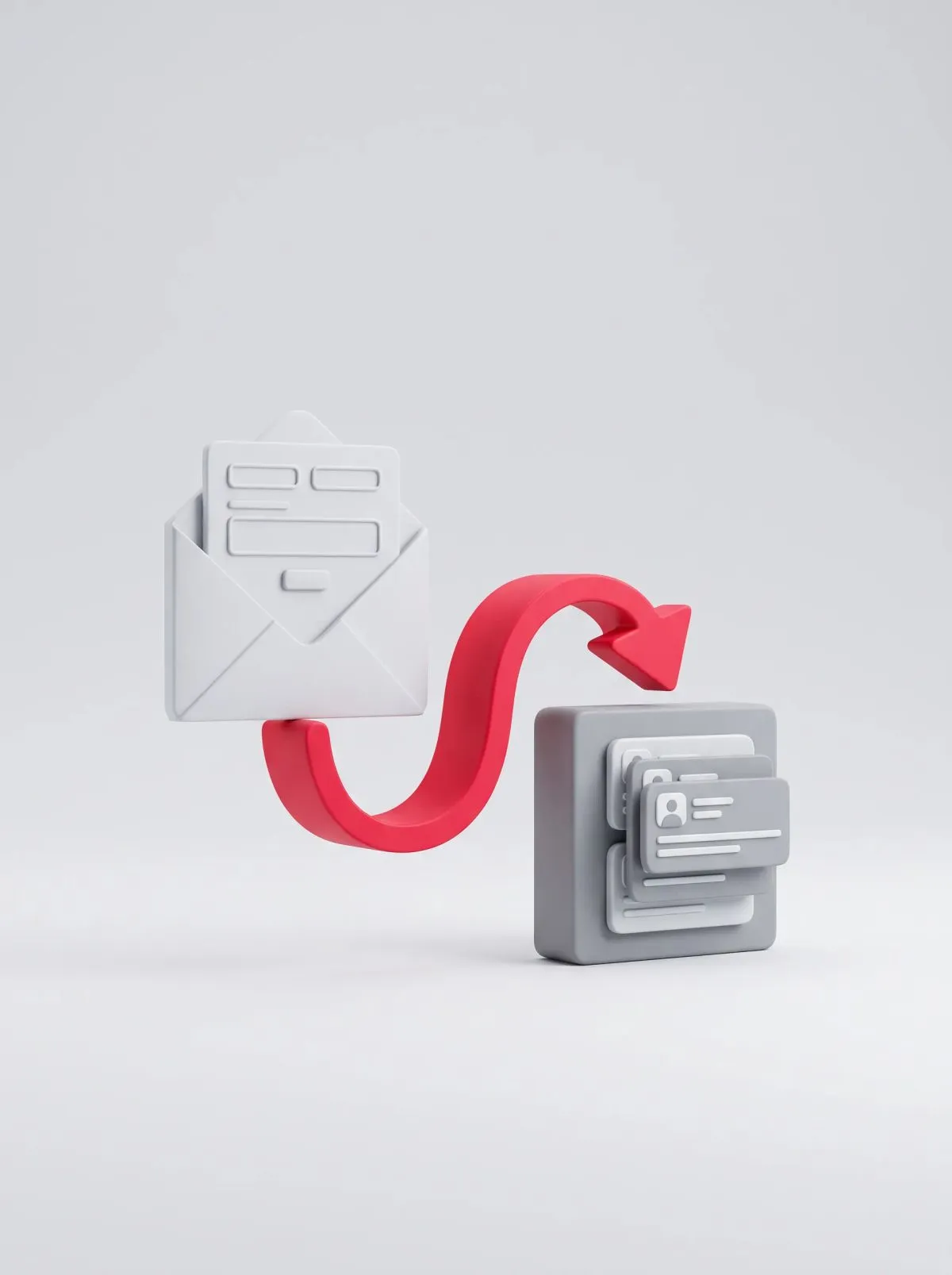 3D open white envelope linked by a red arrow to a grey contact card stack.