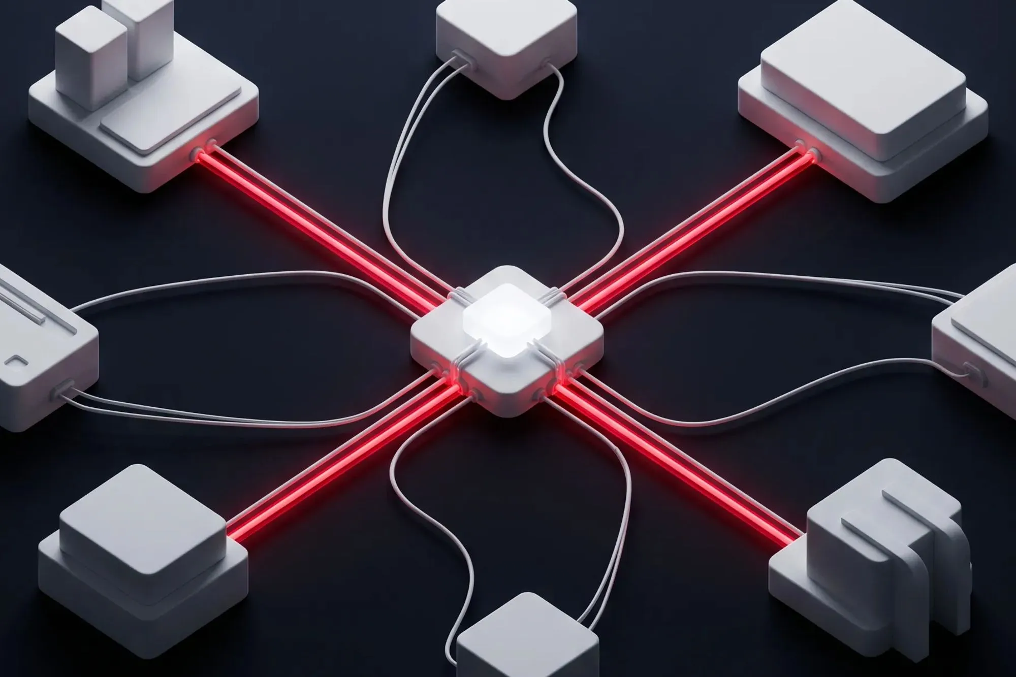 Bloques blancos alrededor de un nodo central luminoso unidos por cables rojos y blancos.