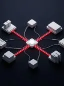 White blocks around a glowing central node linked by red and white cables.