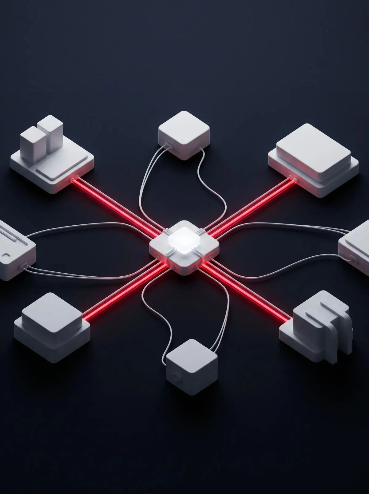 White blocks around a glowing central node linked by red and white cables.