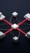 Weiße Blöcke um einen leuchtenden zentralen Knoten, verbunden durch rote und weiße Kabel.