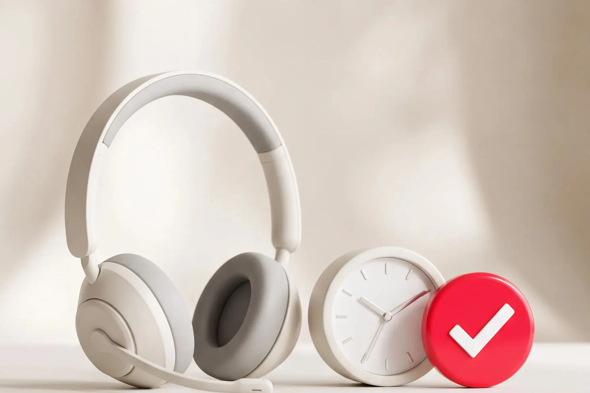 White headset with microphone beside a white clock and a red checkmark badge on beige.