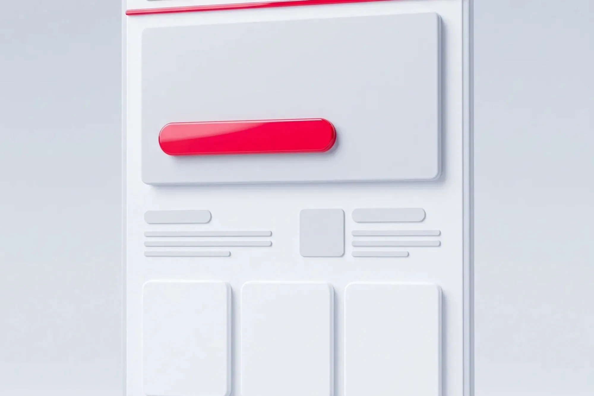 3D white webpage layout with a red button and menu bar on light grey background.
