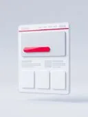 3D white webpage layout with a red button and menu bar on light grey background.