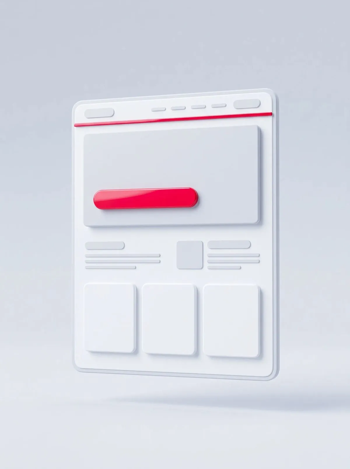 3D white webpage layout with a red button and menu bar on light grey background.