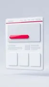 3D-weißes Webseiten-Layout mit rotem Button und Menüleiste auf hellgrauem Hintergrund.
