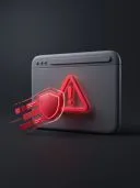 3D grey browser window with a glowing red warning triangle and shield on black.