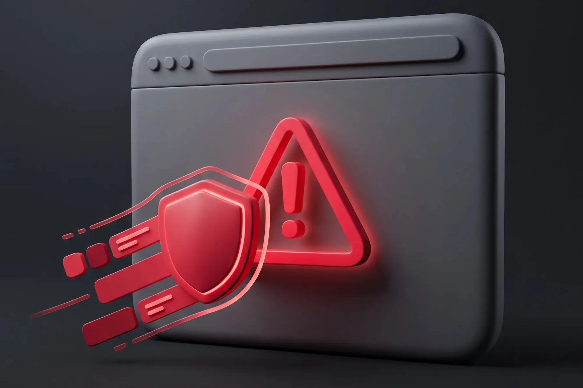 3D-graues Browserfenster mit leuchtendem rotem Warndreieck und Schild auf Schwarz.