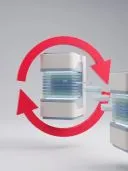 Two stacked disk-like database icons linked by a red circular arrow loop on grey.
