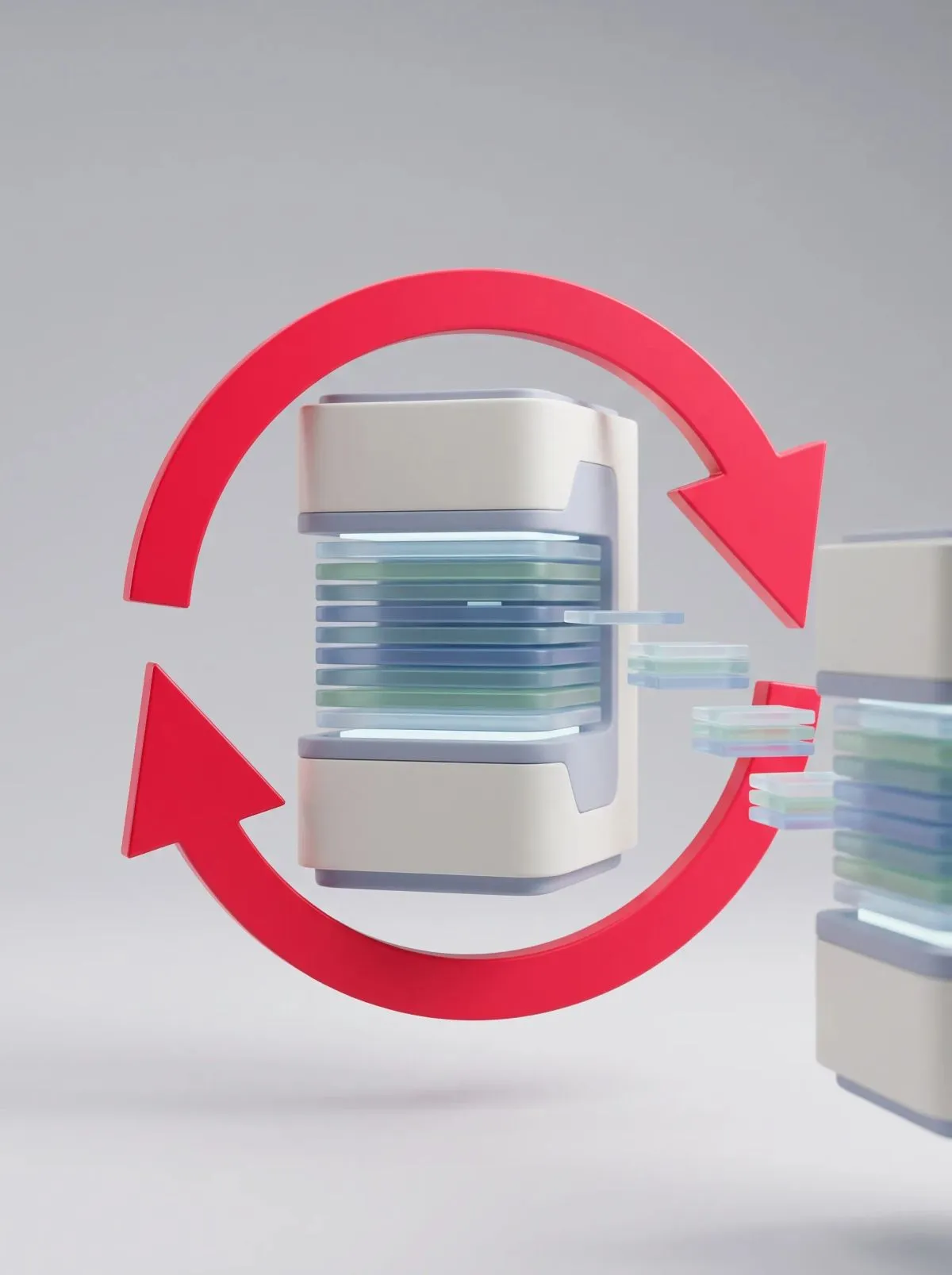 Two stacked disk-like database icons linked by a red circular arrow loop on grey.
