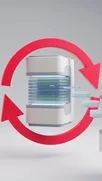 Two stacked disk-like database icons linked by a red circular arrow loop on grey.