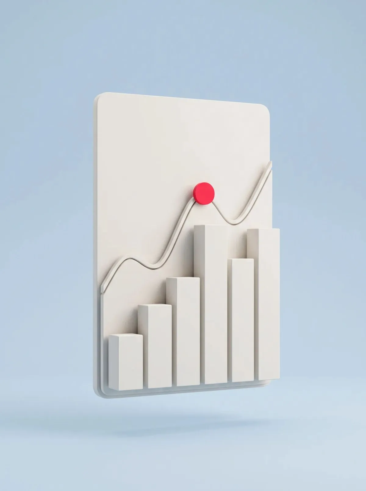 3D white bar chart with a rising line and a red dot on a light blue background.