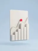 3D white bar chart with a rising line and a red dot on a light blue background.