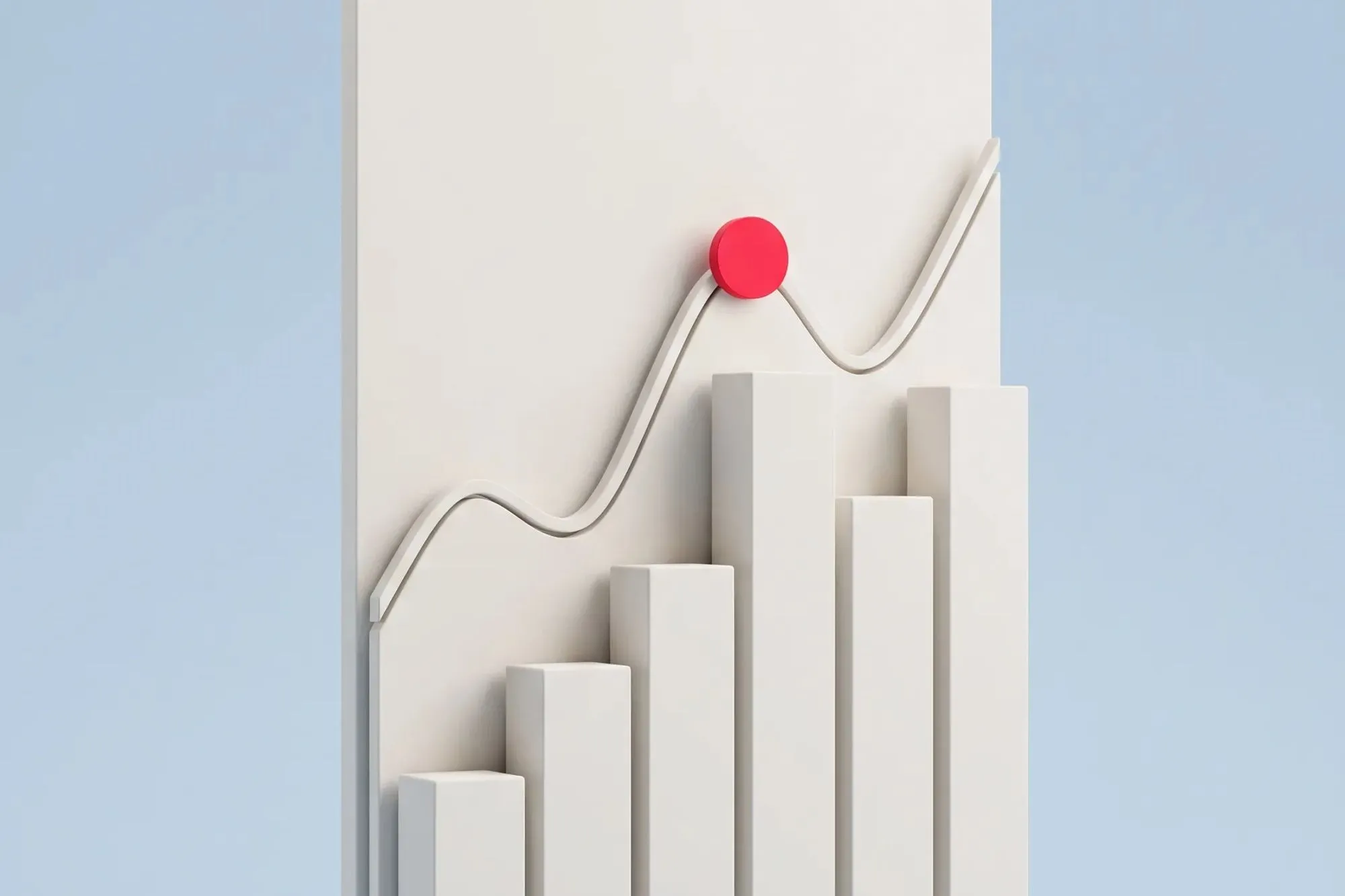 3D-weißes Balkendiagramm mit steigender Linie und rotem Punkt auf hellblauem Hintergrund.